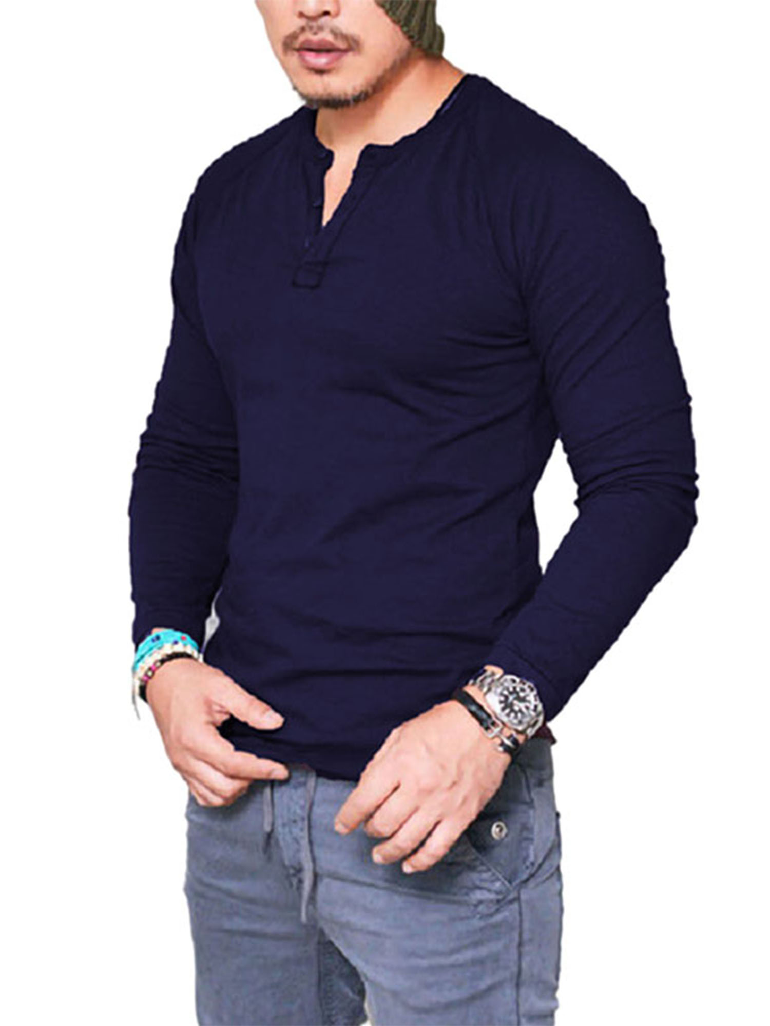 Innerwin Hauts d'Été Manches Longues T-Shirts Hommes Usage Quotidien Blouse Décontractée Unie Bleu Marine TTG
