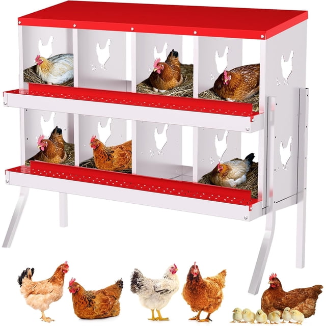 Chicken Nesting Box, 8 Compartment Metal Chicken Nesting Boxes for Chicken Coop, Easy Egg Collection, Easy Cleaning, Chicken Laying Boxes with Bracket Legs for Hens, Red