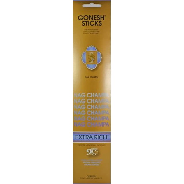 Gonesh Incense Sticks - Nag Champa in yellow-orange packaging with blue and white accents, featuring a central emblem and text highlighting extra rich 25% charcoal content and 20 sticks per pack, suitable for home fragrance and incense use.