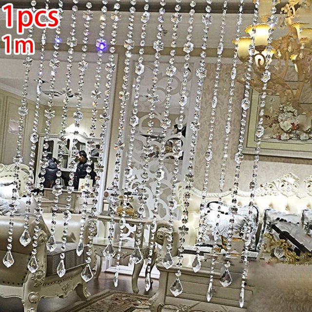 Lefu 1string glass crystal bead drape door valance hanging curtain, featuring transparent crystal glass beads arranged on soft steel wire with a protective plastic coating. The 1m curtain is ideal for use as a decorative valance, room divider, or beaded curtain decor in living rooms, bedrooms, kitchens, or bathrooms. Displayed in an elegant interior setting with ornate furniture and lighting.