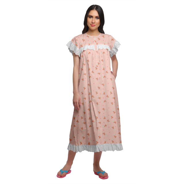 Moomaya Robe de Nuit en Coton à Bordure en Dentelle pour Femmes avec Boutons