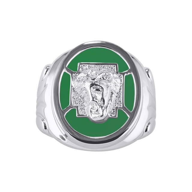 RYLOS Men's Rings Sterling Silver Christ Head Religious Ring With Diamonds and Green Quartz Designer Men's Jewelry Size 9