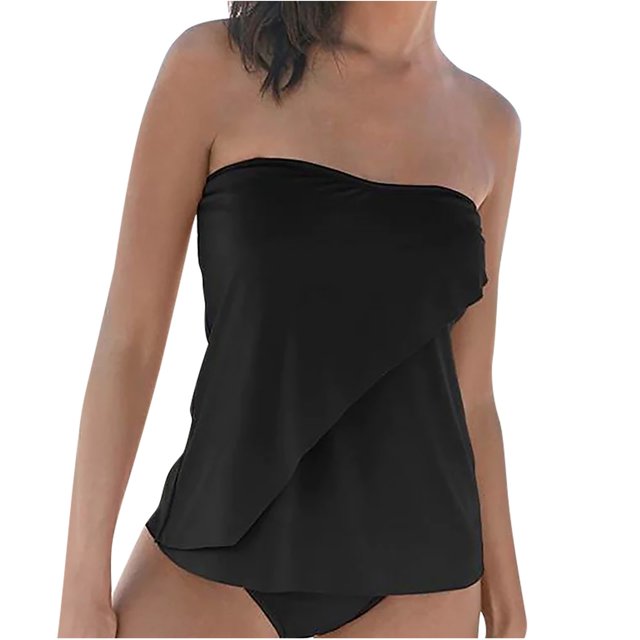 Penkiiy Womens Two Piece Bathing Suits Strapless Tankini Top Ruffle Design Swimsuit with Bottoms Swimwear S Black