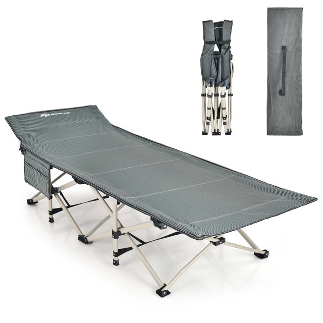 Goplus Grand Pliable de Camping Cot en Gris, Conçu pour une Utilisation Intérieure et Extérieure. Comprend un Cadre en Acier Robuste avec des Pattes en X et une structure à 10 Points pour la Stabilité, Supporte jusqu'à 600 Lb. Comprend un Appui-Tête Incliné, un Tissu oxford Respirant et Imperméable, et une Poche Latérale avec Trois Compartiments pour le Rangement. Se Plie de Façon Compacte et Est Livré avec un Sac de transport pour un transport Facile, Idéal pour le Camping, la Randonnée et le backpacking.
