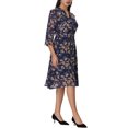 thumbnail image 4 of INSPIRE CHIC Robe-Chemise Élégante à Fleurs pour Femme Col en V Manches 3/4 Nouée à L'Avant Robe Fluide en Mousseline L Bleu Foncé, 4 of 6