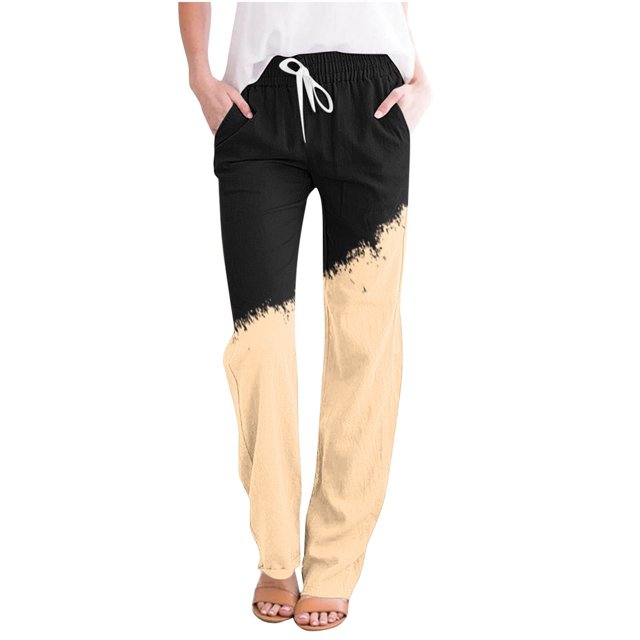 FAIWAD Straight Leg Linen Pants for Women Drawstring High Waist Long Pants Color Block Loose Trousers with Pockets
