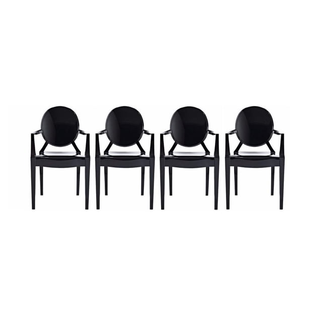 Heavenly Collection Plastic Arm Chair for Dining Area, set of four black polycarbonate armchairs with round King Louis-style backs, straight legs, and armrests, stackable and waterproof for indoor and outdoor use, suitable as stylish accent seating.