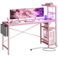 thumbnail image 1 of Bestier Reversible LED Computer Desk 63" Gaming Desk with Power Outlet 4 Tier Shelves Pink Carbon Fiber, 1 of 10