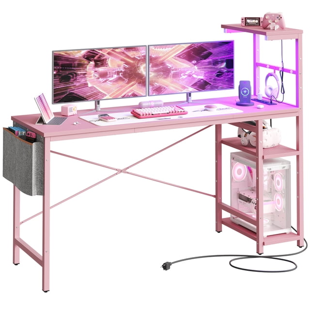 Bestier Reversible LED Computer Desk 63" Gaming Desk with Power Outlet 4 Tier Shelves Pink Carbon Fiber