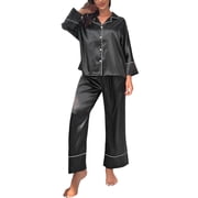 GDREDA Women Pajamas's Classic Button Down Long Satin Silk Pajama Set Women Pajama Sets pyjamas Black,L