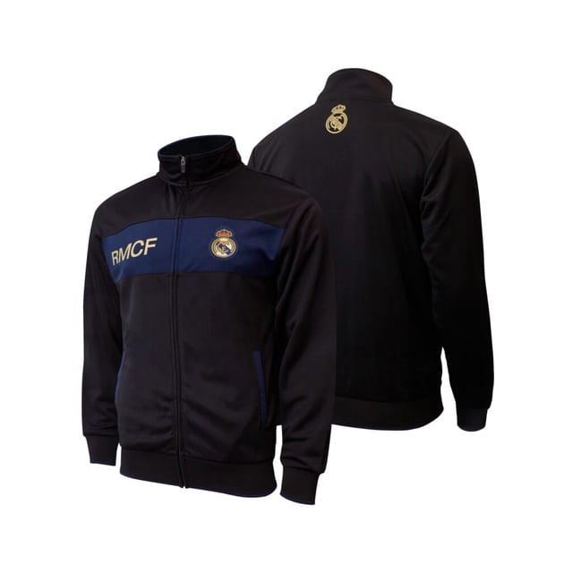 Real Madrid - RMCF Track Jacket featuring a black full-zip design with a navy blue chest panel. The front displays the Real Madrid crest and 'RMCF' lettering, while the back showcases a printed gold club logo. Made from 100% polyester, this adult-sized jacket includes cut-and-sew fabrication and side pockets, ideal for athletic or casual wear.