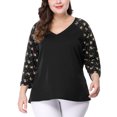 thumbnail image 2 of GRACE & GRANDEUR Chemises Blouse pour Femmes Grande Taille Col en V Manches 3/4 Raglan à Fleurs Décontracté Printemps Automne Hauts 5X Noir, 2 of 7