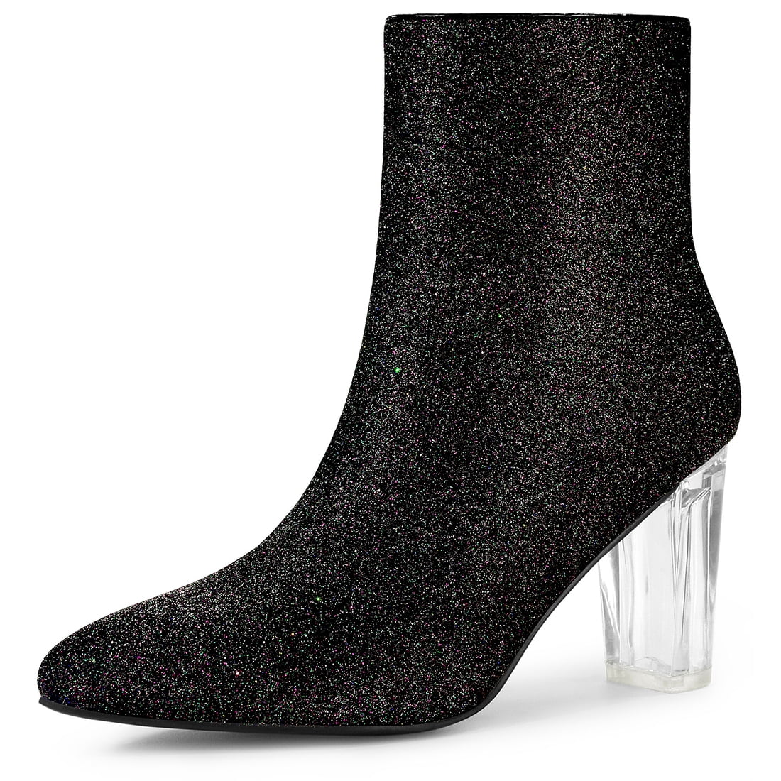 Unique Bargains Women's Clear Block Heel Glitter Ankle Booties