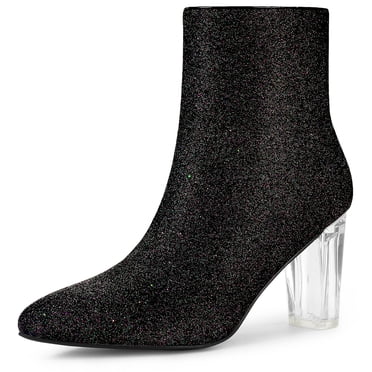 Unique Bargains Women's Clear Block Heel Glitter Ankle Boots Hot Pink (Size 6.5)