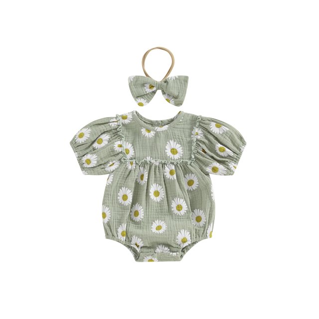 Wangsaura Newborn Baby Girls Rompers Daisy Print Short Sleeve Round Neck Infant Bodysuits Summer Clothes with Headband