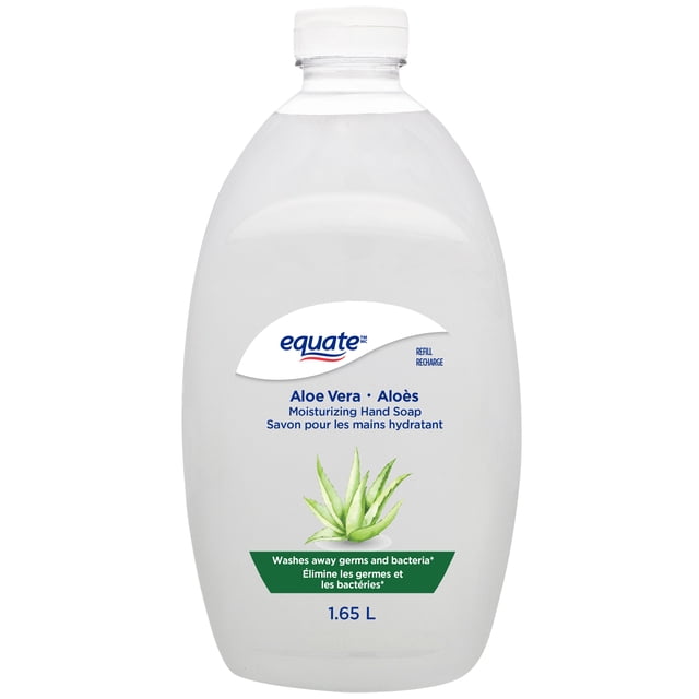 Equate Bouteille de Recharge de Savon pour les Mains Hydratant à l'Aloe Vera en Plastique Blanc, volume de 1,65 L, avec illustration d'Aloe Vera et Étiquette Indiquant Qu'il Élimine les Germes et les Bactéries, Idéal pour le Soin des Mains et le Remplissage des Distributeurs de Savon Liquide.