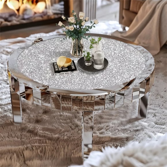 Wisfor Round Coffee Table Mirrored Glass : 80 x 46.5cm Large Luxury Silver Mirror Coffee Table Embedded Glitter Crushed Crystal Diamonds with Beveled Glass Mirror Leg Center Tables Living Room