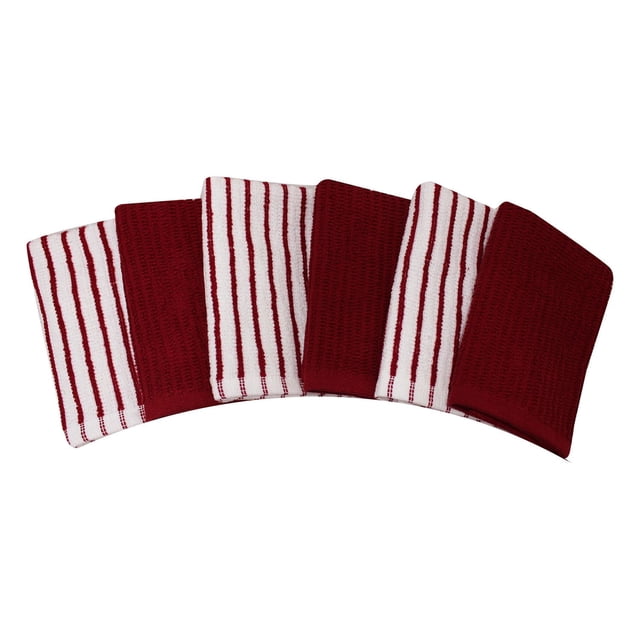 Hometrends Barmop Dish Cloth 6 pack with six 12x12 inch 100% cotton dishcloths in solid red and white with red stripes, arranged in a fan shape, machine washable and absorbent for kitchen cleaning tasks, also suitable for general household use.