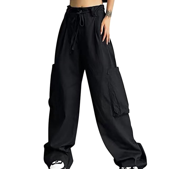 Timegard Womens Cargo Pants Elastic High Waisted Drawstring Straight Leg Outdoor Trousers with Pockets