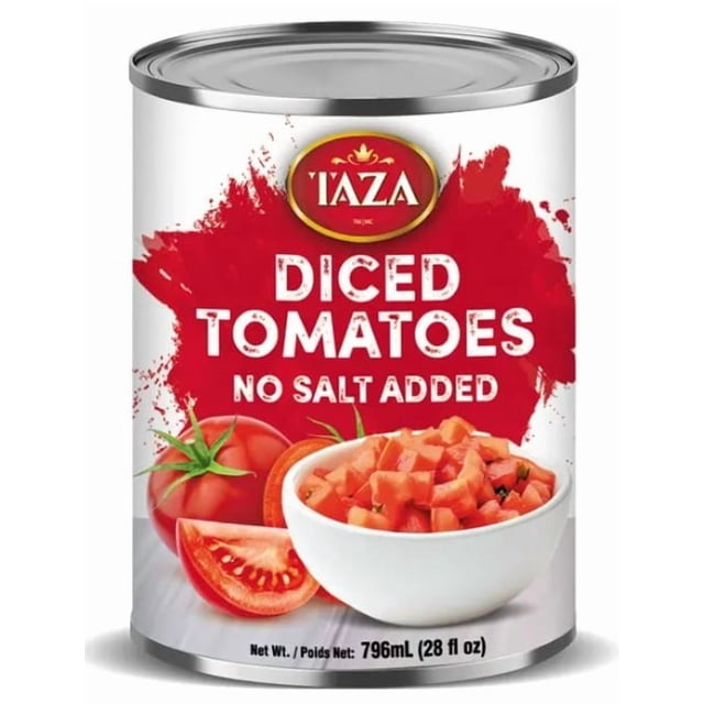 Taza Diced Tomatoes (No Salt Added) in a 796ml can. The label features the Taza logo at the top, a vibrant red splash design, and images of fresh tomatoes and a bowl of diced tomatoes. Ideal for cooking and adding garden-fresh flavour to recipes.