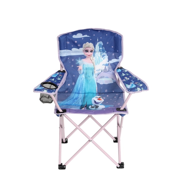 Disney's Frozen Youth Polyester Camp Chair with Cup Holder featuring a pink metal frame and blue polyester fabric printed with Elsa in a blue dress, Olaf, snowflakes, and a snowy castle, with armrests displaying Frozen-themed graphics and a mesh cup holder on the left armrest, suitable for indoor and outdoor camping and portable use.