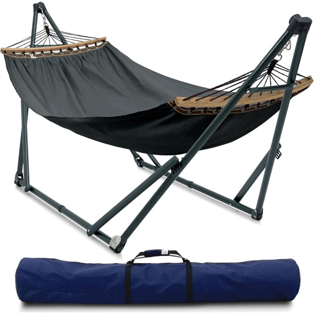 Tranquillo Hamac Universel avec Supports en Acier Enduit Électrostatique, Support de Hamac Réglable et Pliable avec Filet en Polyester à 2 Couches et Sac de Transport pour 2 Personnes. Toile - Gris