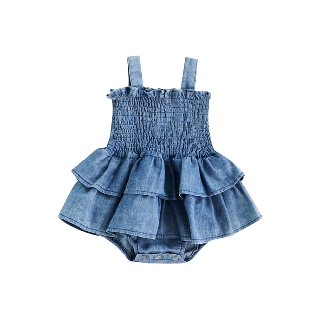 Gupgi Baby Girls Summer Denim Rompers Infant Girls Casual Sleeveless Strap Elastic Layered Romper Jumpsuits Dress
