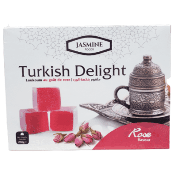 Jasmine Turkish Delight Rose Flavor 250g box with four pink rose-flavored Turkish delight cubes, a detailed silver Turkish coffee cup with lid on an engraved tray, and dried rosebuds on a white background with red accent, suitable for enjoying with tea or as a gift.