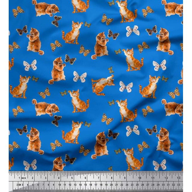 Soimoi Blue Cotton Cambric Fabric Insect & Cat Animal Printed Fabric 1 Yard 56 Inch Wide
