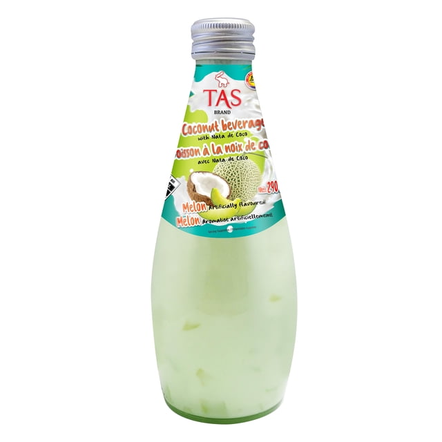 T. a. S. Boisson au Lait de coco – Melon, Bouteille de 290 ml avec Bouchon à Vis Argenté et Étiquette Blanc-Vert Présentant des images de Noix de coco et de Melon, Contenant une Boisson au Lait de coco Crémeuse Vert Pâle avec des Morceaux de Gelée nata de coco, une Boisson Rafraîchissante d'Origine Végétale Convenant au Plaisir Réfrigéré.