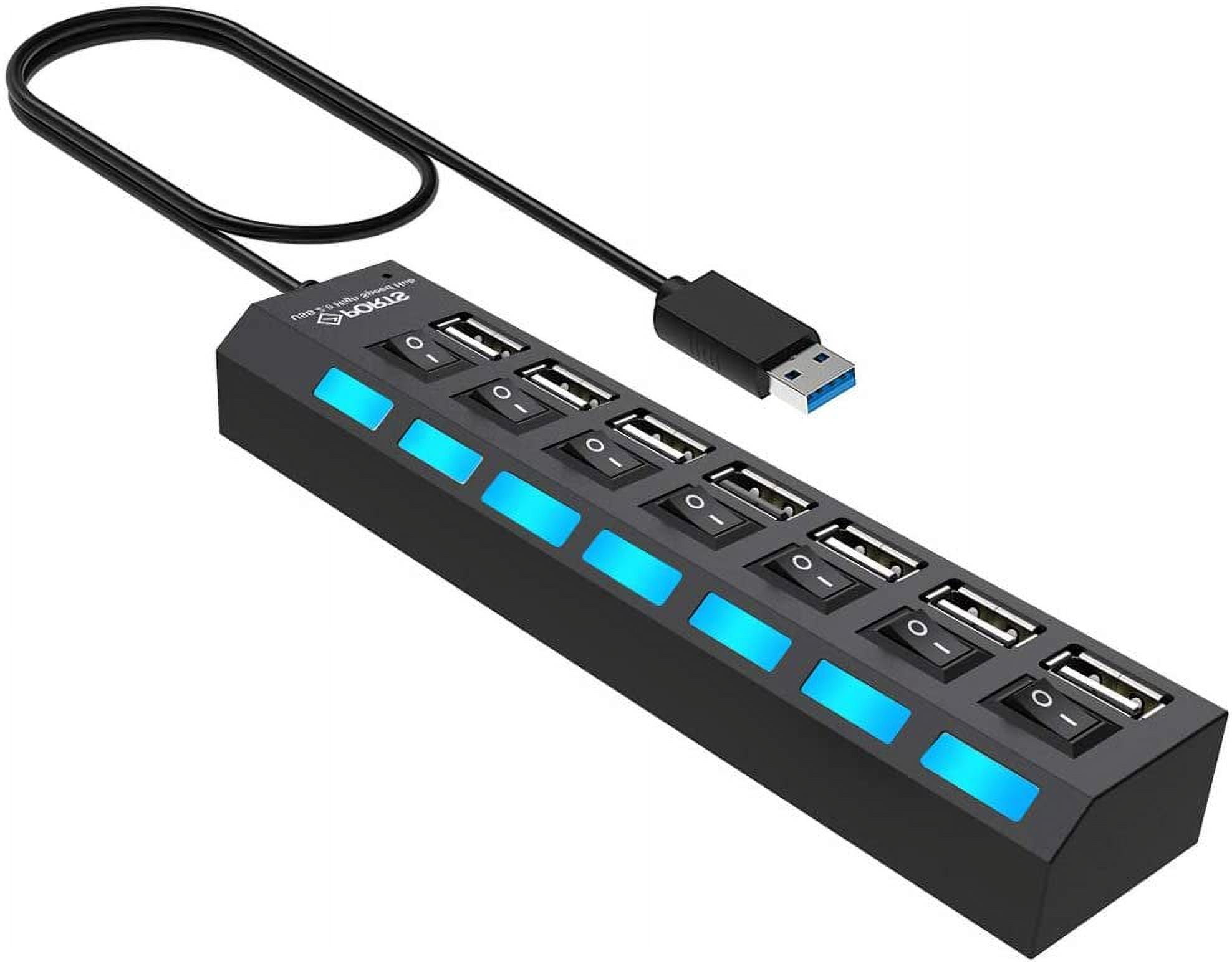 Multi Port USB Splitter  7 Port USB 2.0 Hub  USB A Port Data Hub with Independent On/Off Switch and LED Indicators