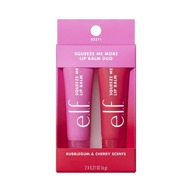 e.l.f. Squeeze Me More Lip Balm Duo containing two squeeze tubes in bubblegum pink and cherry red with slanted tip applicators, packaged in a pink and red box labeled with scents and net weight 2 x 0.21 oz (6 g), providing lightweight, hydrating tinted lip care ideal for on-the-go use.