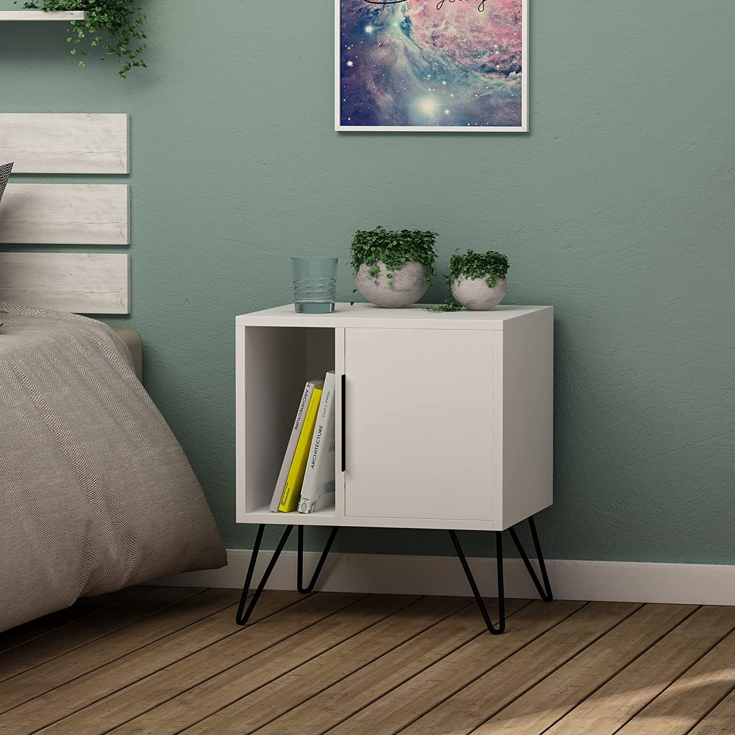 JV Home Glynn Side Table with Cabinet 3 Tier Nightstand with Storage Decorative Coffee End Table De Nuit | Small Modern Bedside Table Night Stand for Living Room Bedroom 19.8 Inch (White)