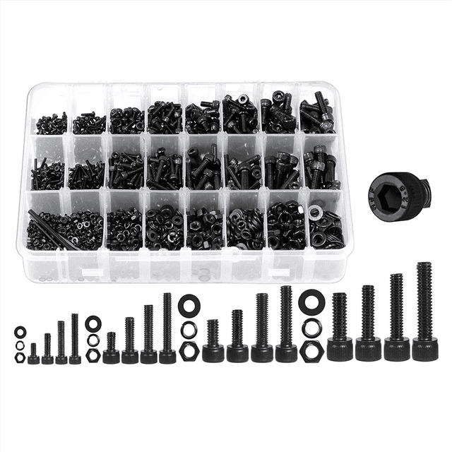 Assortiment de 1600 Pcs de Vis Métriques Assortiment Bolt Métriques, Comprenant des Vis de machine à Embout de Douille Hexagonale, des Écrous et des Boulons en une Variété de 16 Tailles standard. l'Ensemble Comprend des Vis M2 et M3 de Longueur Allant de 4 mm à 25 mm, avec des Rondelles de Verrouillage et Quatre Clés Hexagonales Personnalisées pour un Assemblage Facile. Fabriqué en Acier de Haute Qualité avec Revêtement Galvanisé Noir pour la Résistance à la Rouille et à l'Oxydation. Convient à une Utilisation par Tous les Temps. Emballé dans une Boîte de Rangement Renforcée avec des Compartiments Séparés et des Étiquettes Transparentes pour