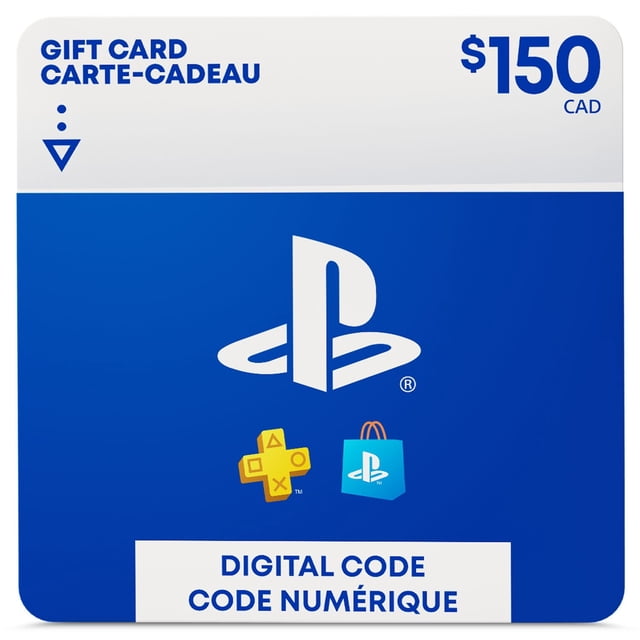 Sony Playstation Carte-Cadeau de 150 $ code Numérique en dollars Canadiens Comprenant une Carte Bleue et Blanche avec le logo Playstation, l'Icône Playstation Plus yellow cross, et l'Icône de Sac de Magasinage Playstation Store Bleue, Utilisé pour Ajouter des Fonds pour des Jeux, des Abonnements et des Modules Supplémentaires sur le Playstation Store.