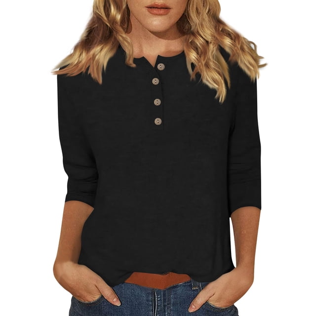 DENGDENG 3/4 Sleeve Shirt Womens Round Neck Summer Tops Casual Elbow Sleeve Button Down Basic Tees Boho Three Quarter Length Pullover Plus Size Cute Blouse Black 3XL