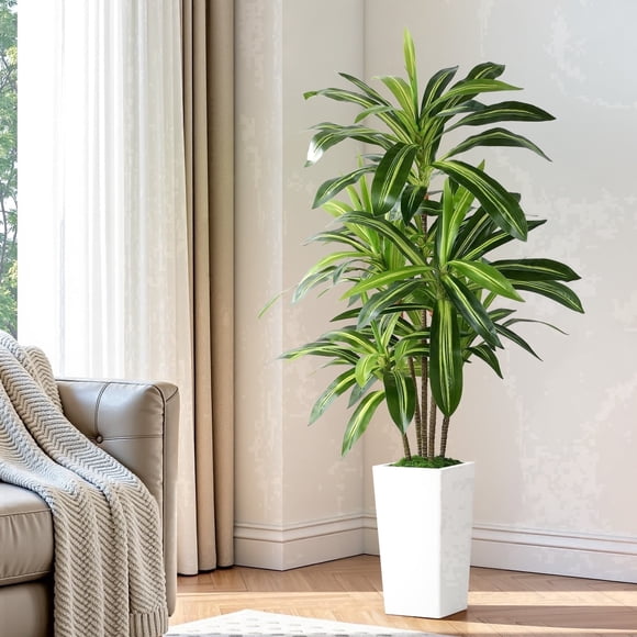 Lolsea Dracaena Artificiel Faux Arbre 5 Pieds, Plantes Artificielles Blanches à Pot Haut pour Intérieur et Extérieur, Fausses Plantes pour Décoration en Pot de Bureau Maison Salon