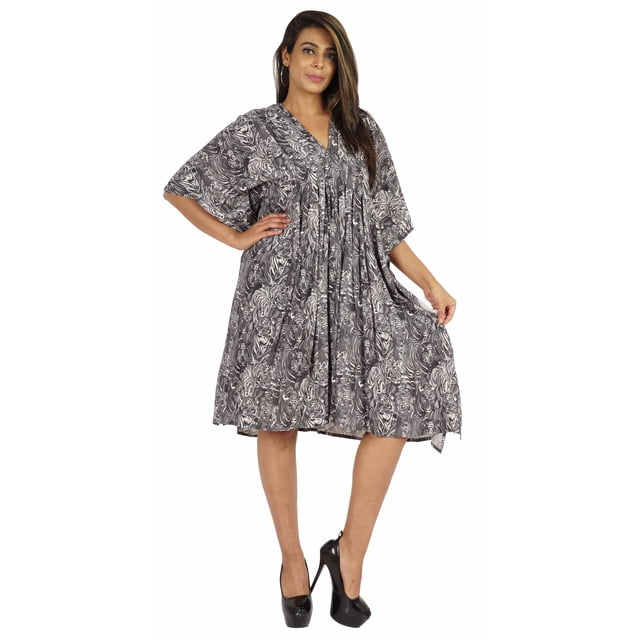 Moomaya Caftan Court pour Femmes, Robe de Nuit de Couverture, Robe Caftan, Manches Kimono, Tenue de Plage