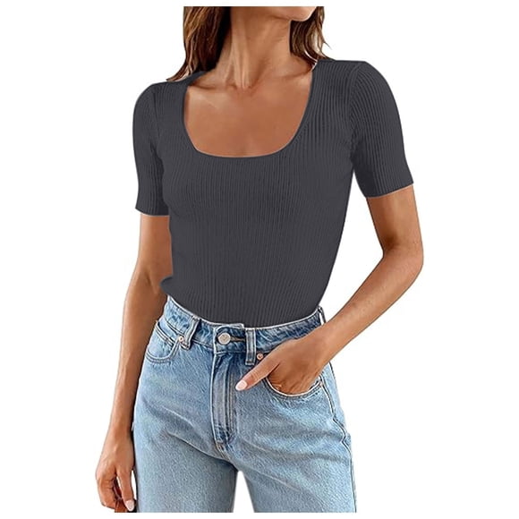 HXWCHs Women Solid Organic Cotton T Shirt 2024 Summer Women's Square Neck Ribbed Knit Tee Slim Fitted Casual Short Sleeve Basic top M Dark Gray