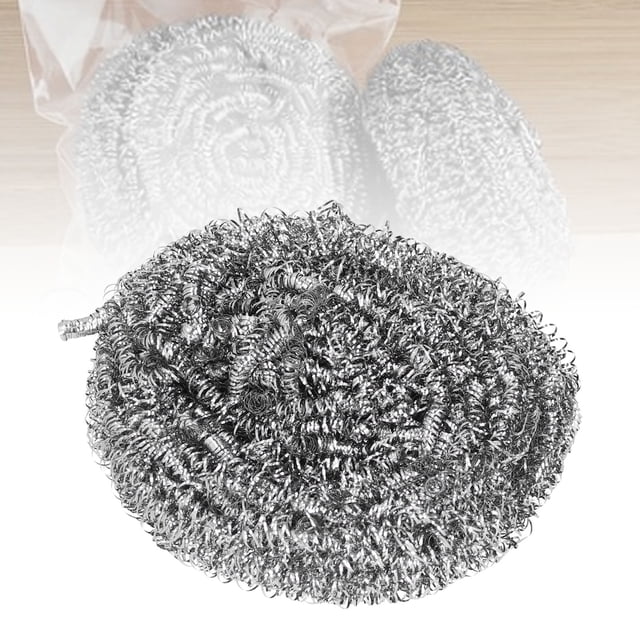 Steel Wool Scrubber Pad, Kitchens Steel Ball Metal Scouring Pads for Kitchen. A close-up view of a stainless steel scrubber pad with a spiral wire design, measuring approximately 7x4cm (2.8x1.6in). Ideal for cleaning pots, pans, dishes, tiles, ovens, sinks, and more. Durable and effective for household and workplace use.