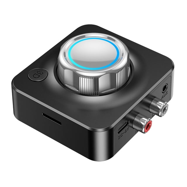 Récepteur Audio RCA Bluetooth 5.0 Émetteur Récepteur Bluetooth 5.0 Adaptateur Audio Sans Fil par DAMAIE. un Appareil compact Noir Doté d'Un Bouton Rotatif Métallique central avec un Anneau LED Bleu, des ports RCA, une Entrée AUX et un Emplacement pour Carte TF. Conçu pour la Diffusion Audio Sans Fil avec la Technologie Bluetooth 5.0, Offrant des Connexions Stables, un mode Caisson de Basses et une Portée jusqu'à 15 Mètres. Convient à la Mise à Niveau d'Anciens Haut-Parleurs, de Stéréo Ou de Systèmes Audio pour Voiture.