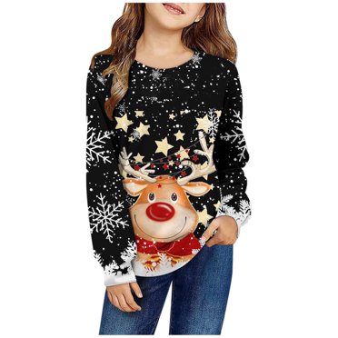 HNMKIU Chandails à Col Rond Filles Chandail Sans Capuche Décontracté à Manches Longues à Col Rond Imprimé de Noël pour l'Automne et l'Hiver pour Filles