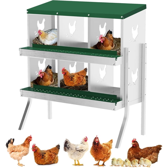Chicken Nesting Box, 6 Compartment Metal Chicken Nesting Boxes for Chicken Coop, Easy Egg Collection, Easy Cleaning, Chicken Laying Boxes with Bracket Legs for Hens, Green