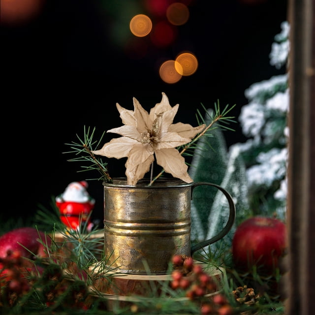 28cm High Grade Adhesive Powder Simulation Christmas Flowers in Gold Champagne Burgundy Colors for Tree Decoration