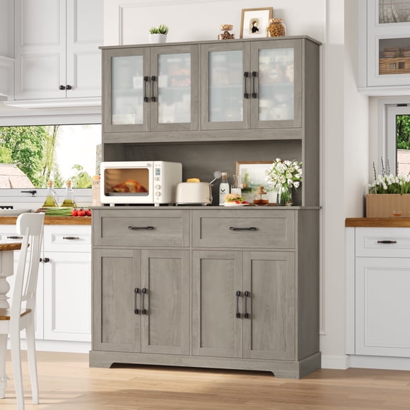 Homfa 71'' Tall 2 Drawer Kitchen Pantry Buffet Hutch, 4 Door Freestanding Cupboard Storage Cabinet, Wash Grey