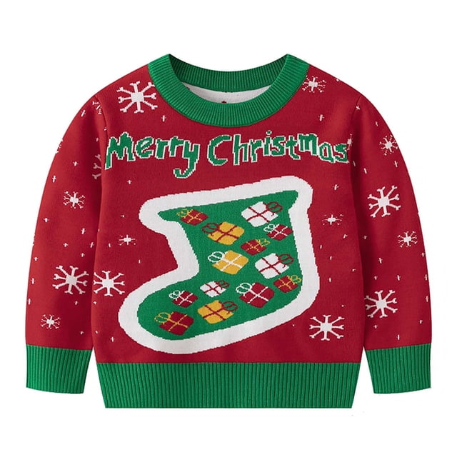 Chandails de Noël Garçons Filles Manches Longues Tricot Col Rond Chandail Molletonné Enfants Chandail de Noël Laid Hauts 3-8 Ans (4 Ans, Rouge)