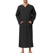 GDREDA Pyjamas Homme Male Solid Color Button Long Sleeve Robe Pajamas Collarless Loungewear Men's Pajama & Loungewear Black,S
