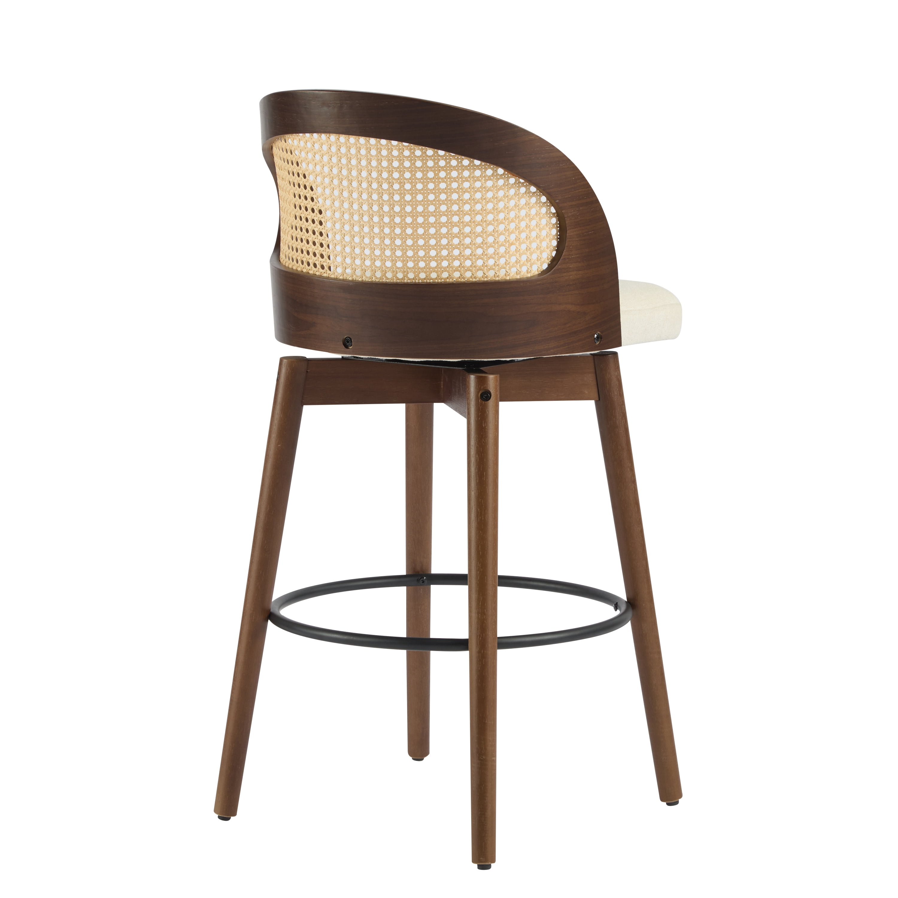 Ensemble de 4 tabourets de bar pivotants Noble House Como, dossier en rotin PE, noyer et beige