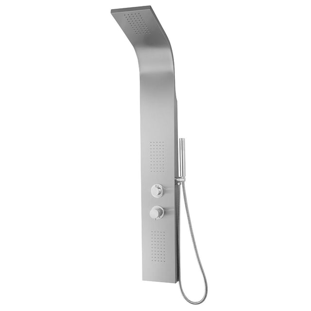BRISA-BN shower panel in brushed nickel finish with curved rainfall showerhead, two control knobs, multiple body spray jets, and handheld shower wand with flexible hose, suitable for bathroom renovation and easy installation.