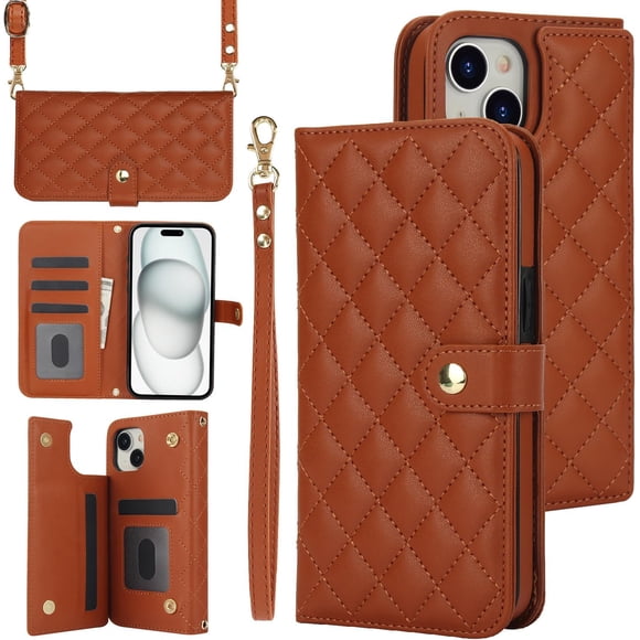 REQO for iPhone 15 Wallet Case with 5 Credit Card Slots and Cash Slot,RFID Blocking PU Leather Magnetic Clasp Kickstand Cover.